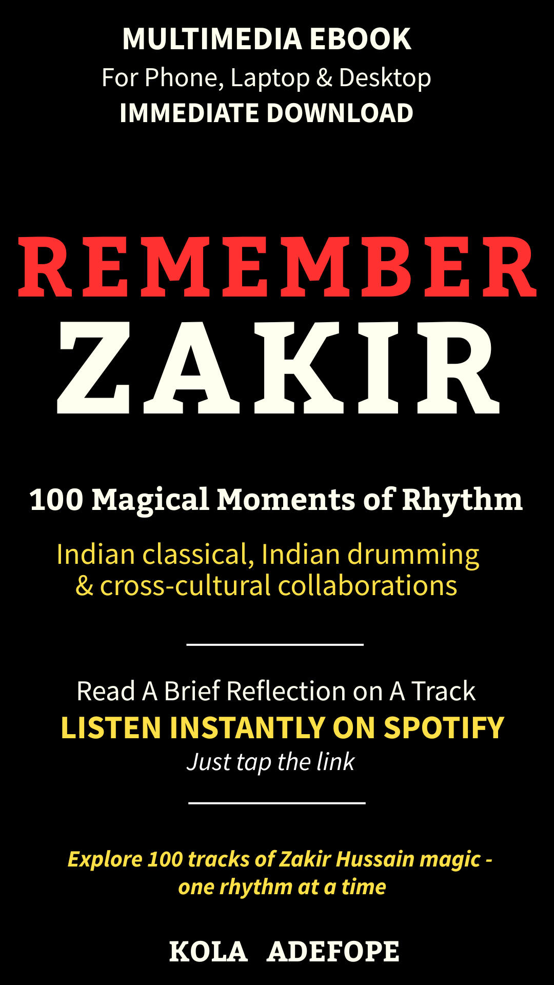 Zakir Hussain companion ebook cover — downloadable multilingual PDF featuring 100 Indian classical tracks with Spotify links and concise insights.